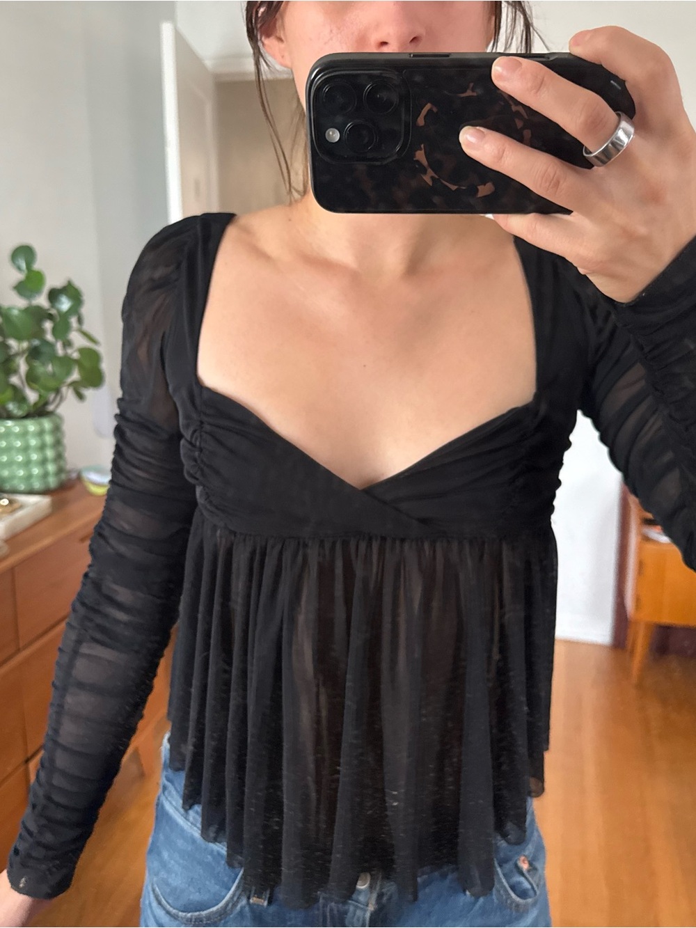 Black Sheer Long-Sleeve Top - Urban Outfitters